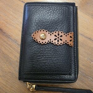 Hobo Black Leather Card Wallet with Brown Cutout Strap